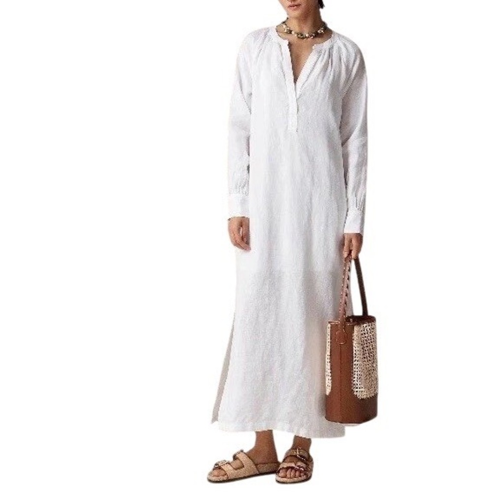 J.Crew White Linen Maxi Bungalow popover dress V-Neck XS Coastal resortwear
